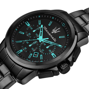 Black wristwatch with blue glowing details on a white background