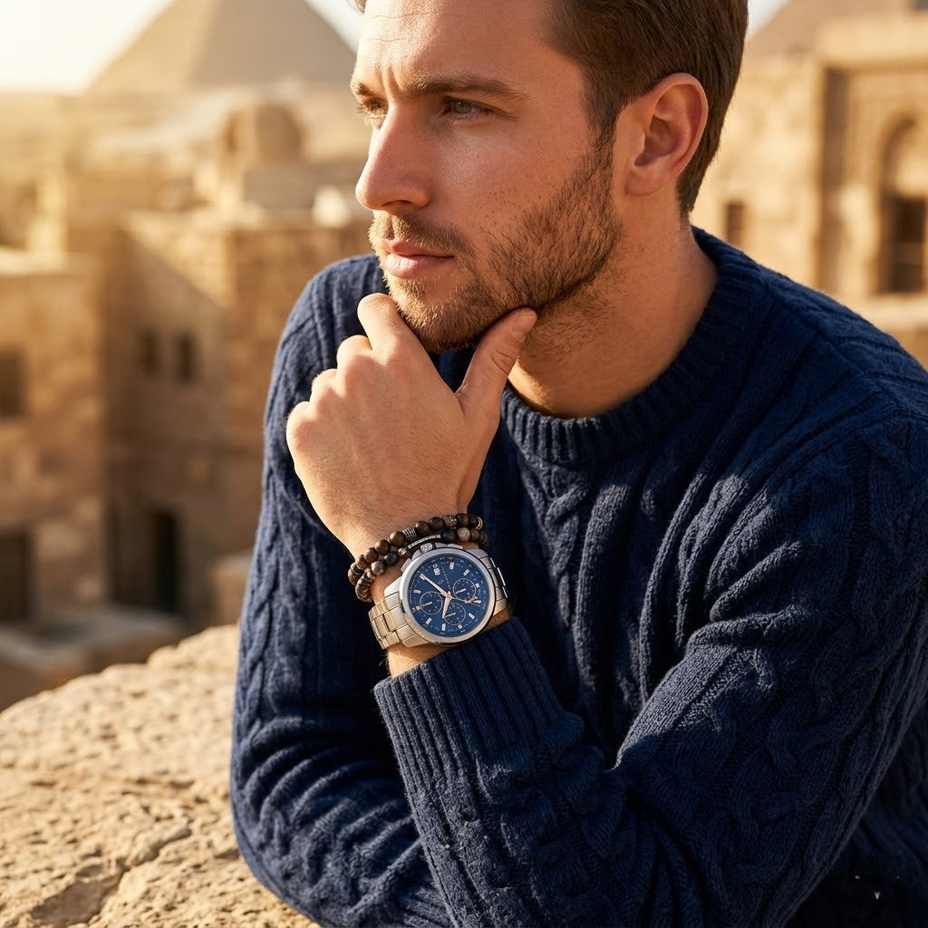 Elegant man wearing Maserati Successo Solar R8873645004 solar powered watch with silver case and luxury blue dial