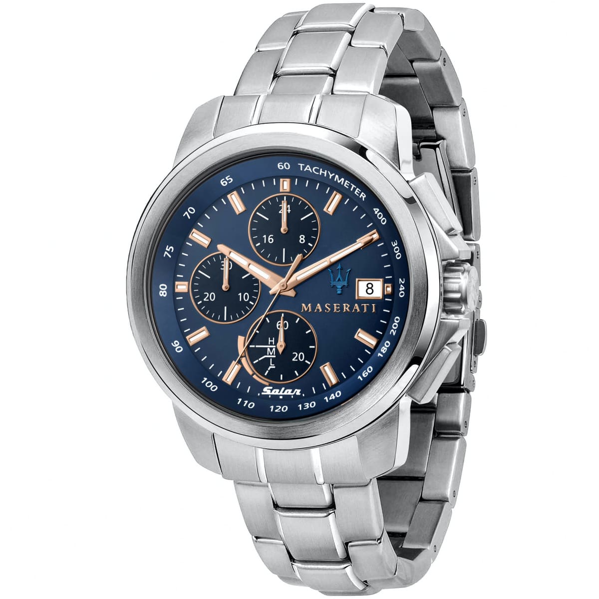 Maserati Successo Solar R8873645004 men's solar powered watch with blue dial, rose gold-tone accents, silver-tone case and stainless steel bracelet main view