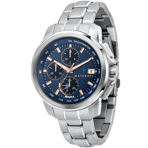 Maserati Successo Solar R8873645004 men's solar powered watch with blue dial, rose gold-tone accents, silver-tone case and stainless steel bracelet main view