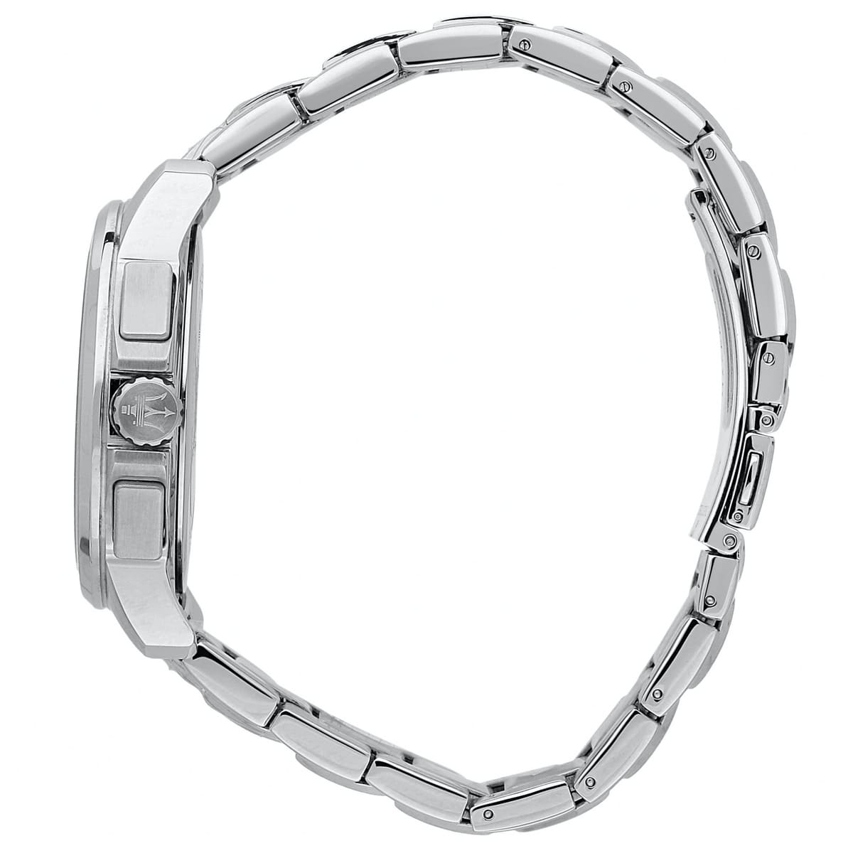 Side profile of Maserati Successo Solar R8873645004 solar watch showing 11.5mm thickness and silver finish
