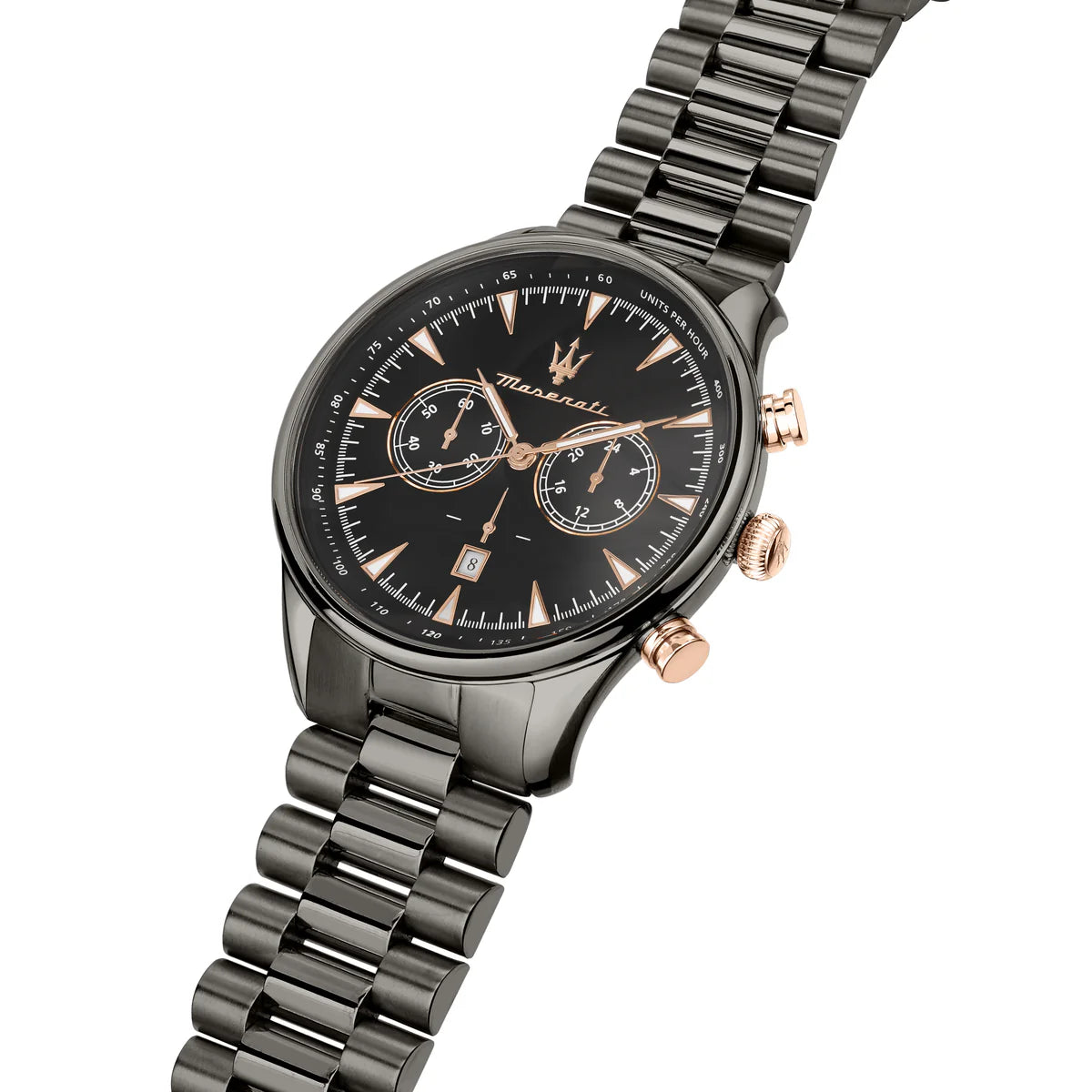 Left angled view of Maserati Traguardo R8873646001 men's quartz battery watch showing gunmetal grey stainless steel bracelet and case profile