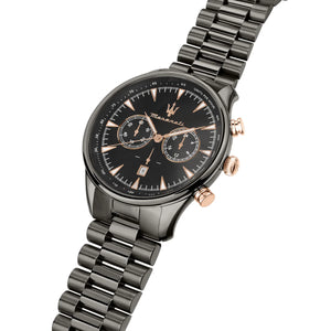 Left angled view of Maserati Traguardo R8873646001 men's quartz battery watch showing gunmetal grey stainless steel bracelet and case profile