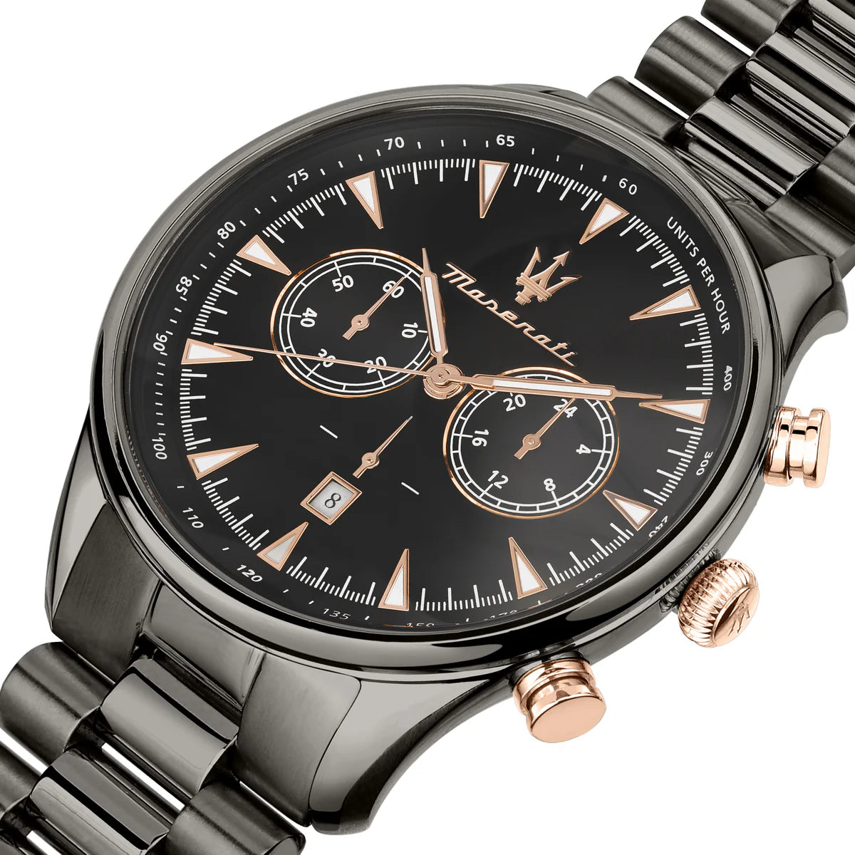 Maserati watch with black dial and rose gold accents on a white background