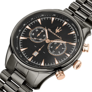 Maserati watch with black dial and rose gold accents on a white background