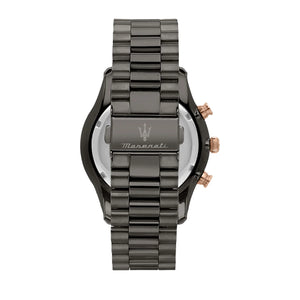 Caseback of Maserati Traguardo R8873646001 men's quartz battery watch showing technical specs 100m water resistance and metal bracelet