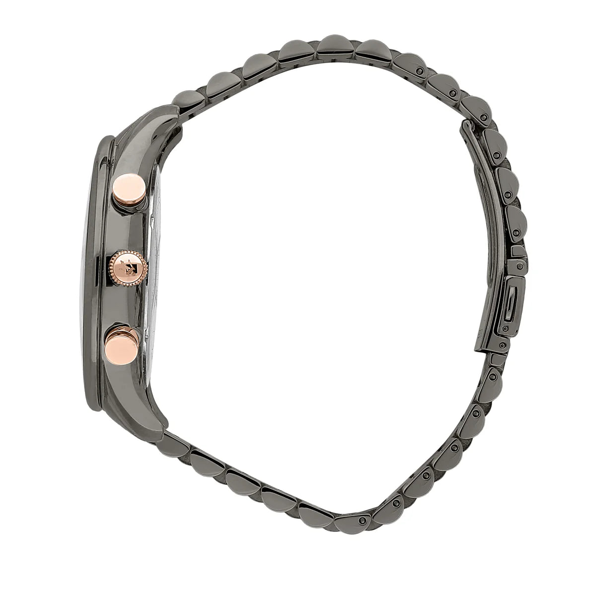 Side profile of Maserati Traguardo R8873646001 men's quartz battery watch showing 12mm thickness and gunmetal grey finish