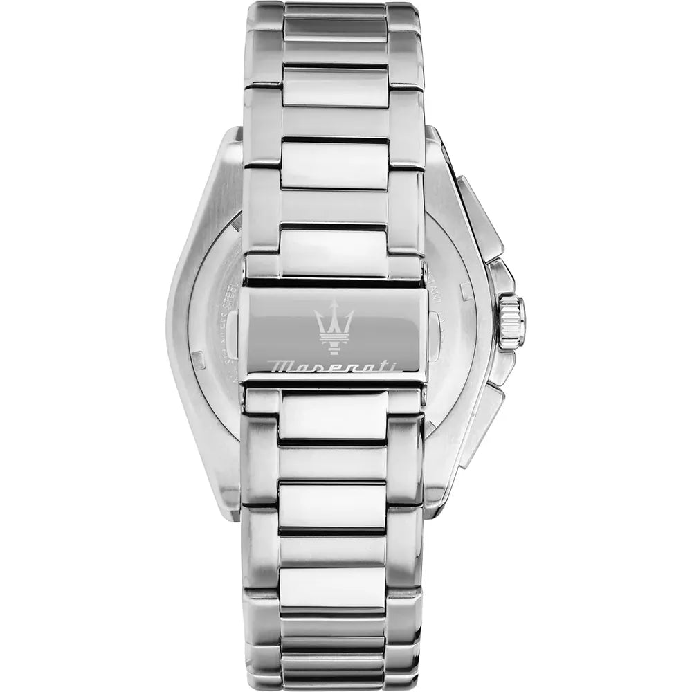 Caseback of Maserati Velocita R8873652001 men's quartz battery watch showing technical specs 50m water resistance and metal bracelet