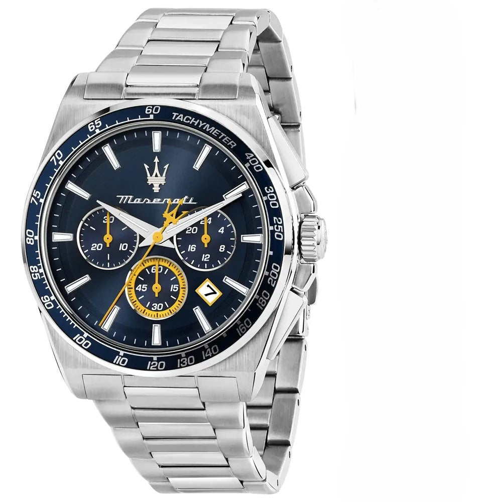 Maserati Velocita R8873652001 men's quartz battery watch with blue racing dial, silver-tone case, blue bezel, silver stainless steel bracelet main view