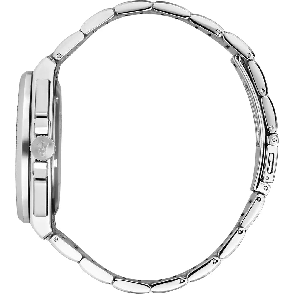 Side profile of Maserati Velocita R8873652001 men's quartz battery watch showing 12mm thickness and silver finish