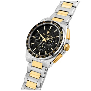 Right angled view of Maserati Velocita R8873652003 men's quartz battery watch highlighting gold-tone bezel and pushers details