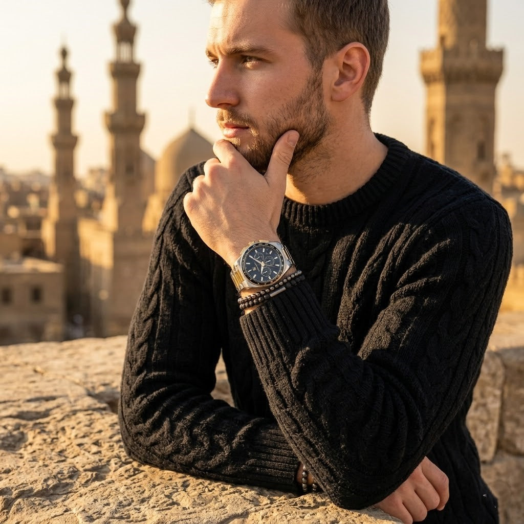 Elegant man wearing Maserati Velocita R8873652003 men's quartz battery watch with two-tone case and luxury black dial