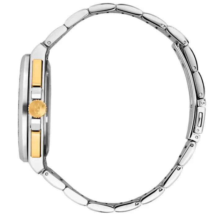 Side profile of Maserati Velocita R8873652003 men's quartz battery watch showing 12mm thickness and two-tone finish