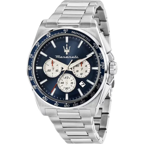 Maserati Velocita R8873652005 men's quartz battery watch with blue dial, white sub-dials, silver-tone case, blue bezel, silver stainless steel bracelet main view
