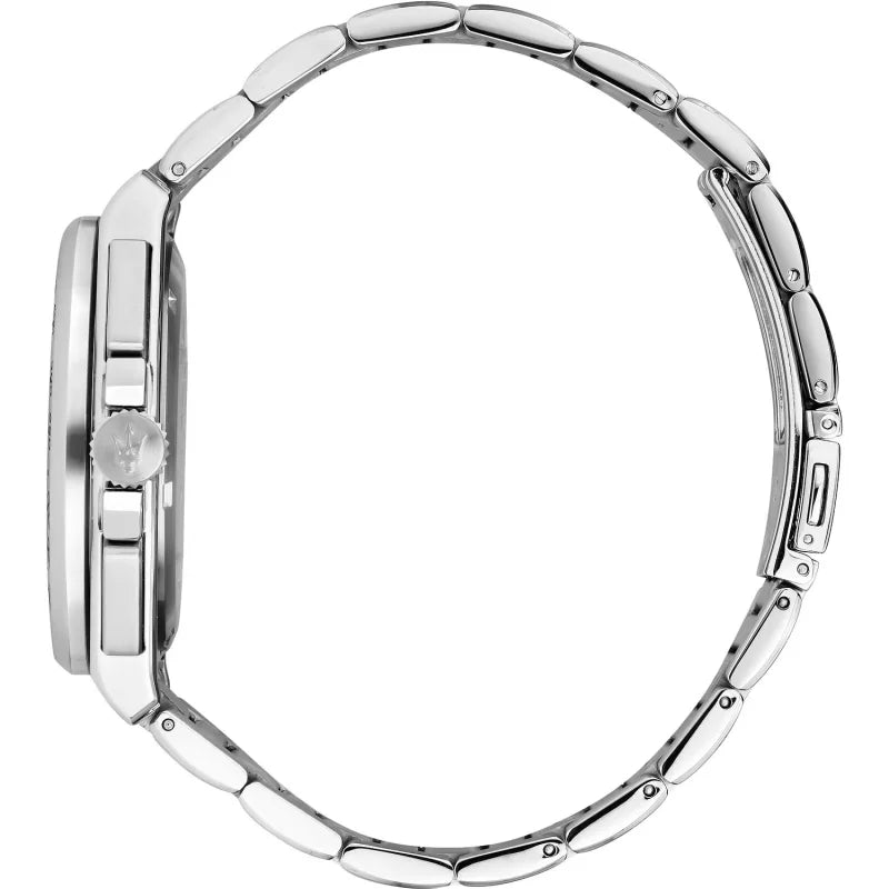 Side profile of Maserati Velocita R8873652005 men's quartz battery watch showing 12mm thickness and silver finish