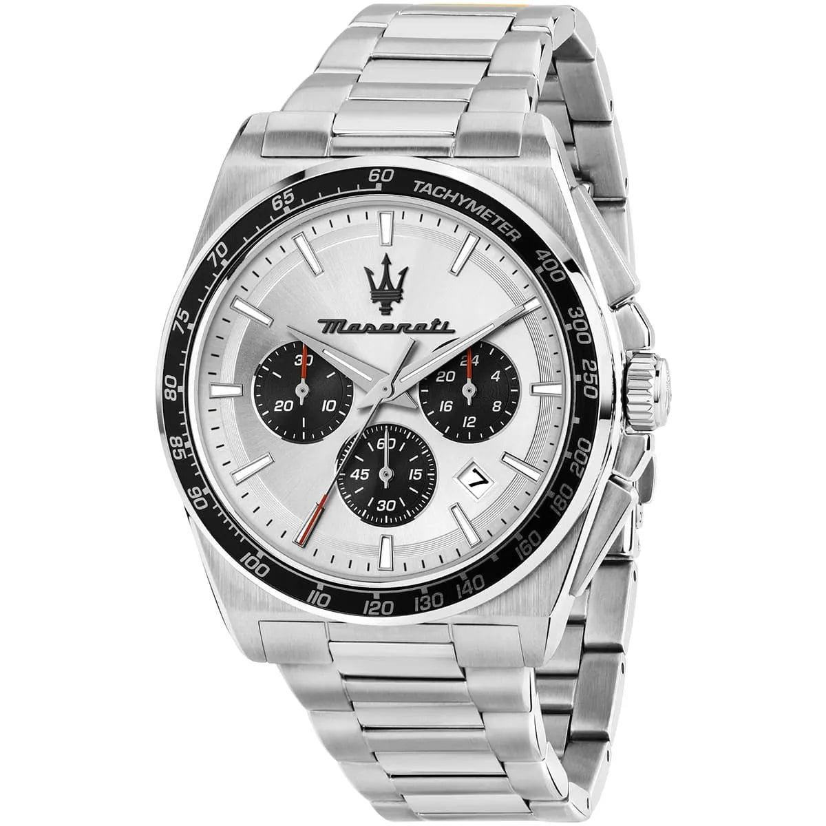 Front view of Maserati Velocità R8873652006 men's watch with silver dial, black tachymeter bezel and stainless steel bracelet.