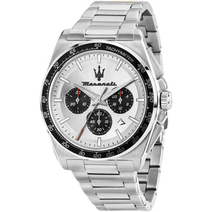 Front view of Maserati Velocità R8873652006 men's watch with silver dial, black tachymeter bezel and stainless steel bracelet.