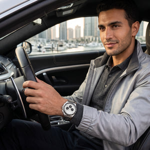Lifestyle luxury shot featuring the Maserati Velocità R8873652006 men's chronograph watch.