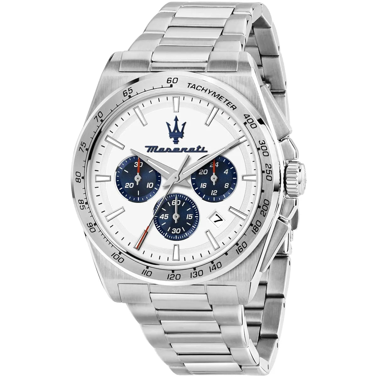 Front view of Maserati Velocità R8873652007 men's watch with white dial, blue chronograph subdials and silver stainless steel bracelet.