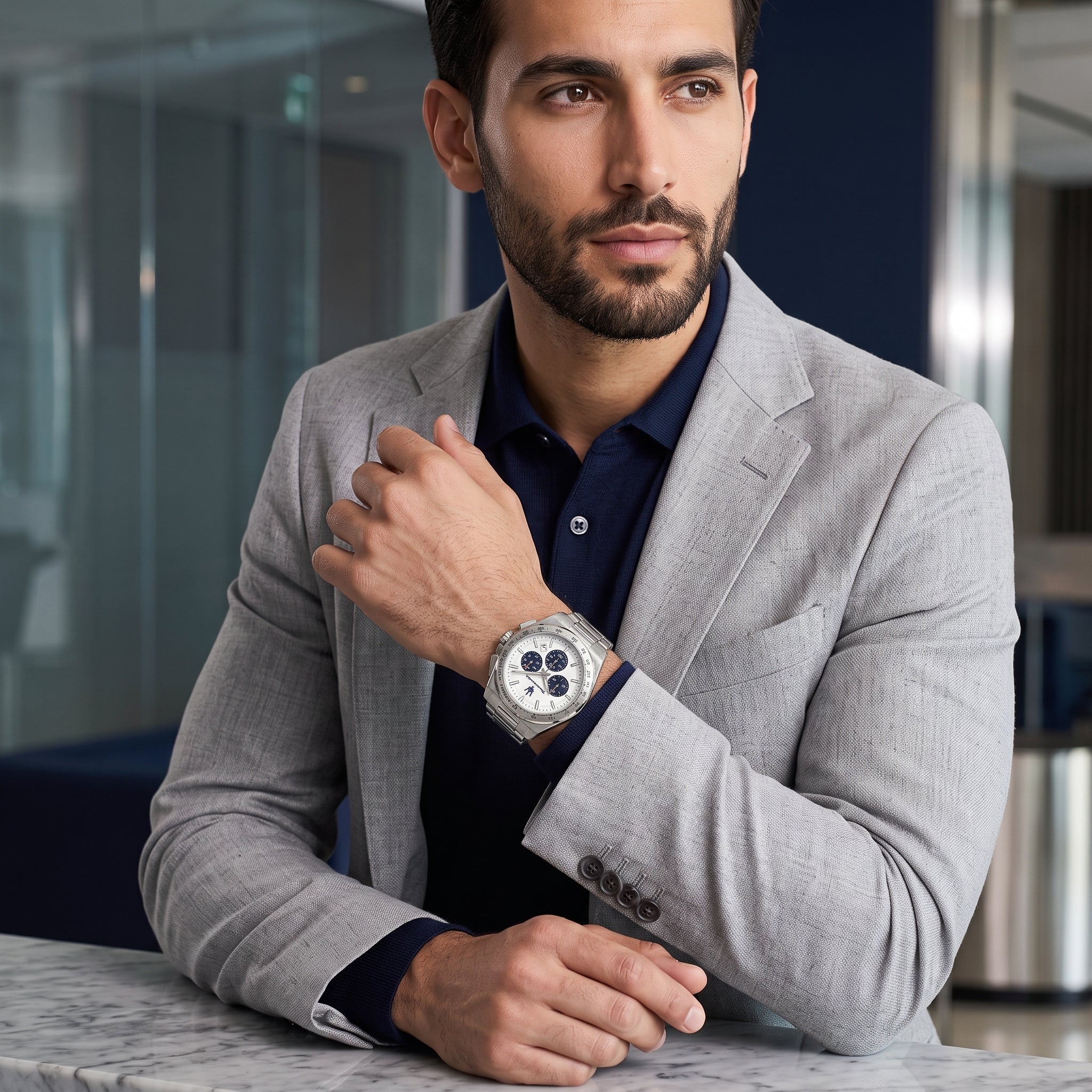 Lifestyle luxury shot featuring the Maserati Velocità R8873652007 men's chronograph watch.