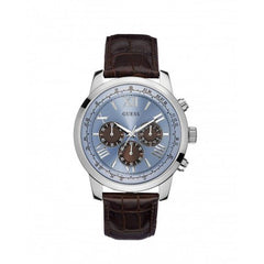 Front view of Guess Horizon W0380G6 watch with blue dial and brown leather strap
