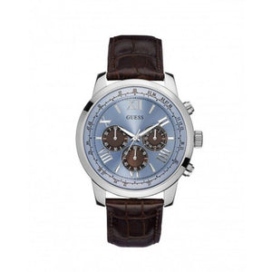 Front view of Guess Horizon W0380G6 watch with blue dial and brown leather strap