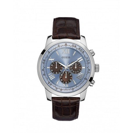 Front view of Guess Horizon W0380G6 watch with blue dial and brown leather strap