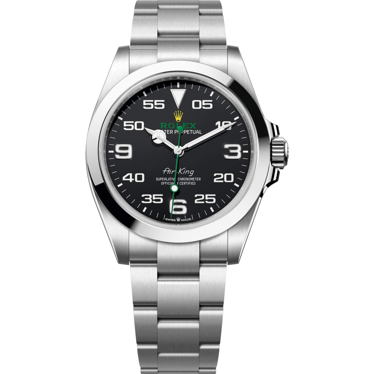 Rolex Air-King 36mm Unisex Mirror Automatic Watch – Black Dial & Silver Stainless Steel Three-Link Bracelet
