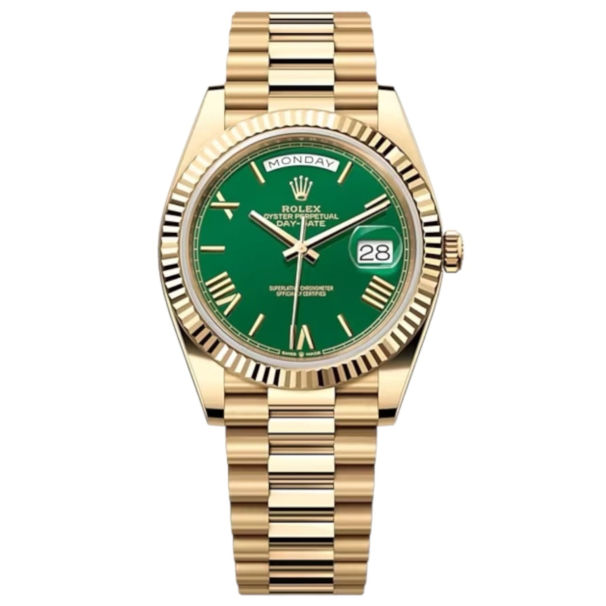 Rolex Day-Date 41mm Men's Mirror Automatic Watch – Green Dial & Gold-Tone Stainless Steel Bracelet