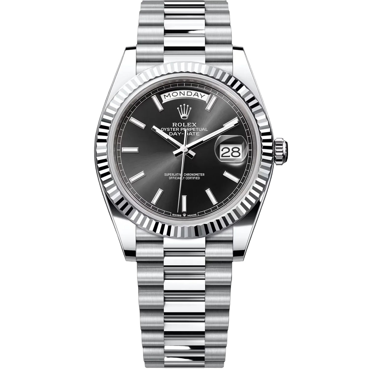 Rolex Day-Date 41mm Men's Mirror Automatic Watch – Black Dial & Silver Stainless Steel Bracelet