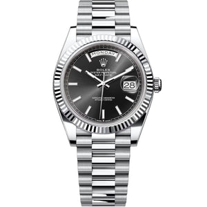 Rolex Day-Date 41mm Men's Mirror Automatic Watch – Black Dial & Silver Stainless Steel Bracelet