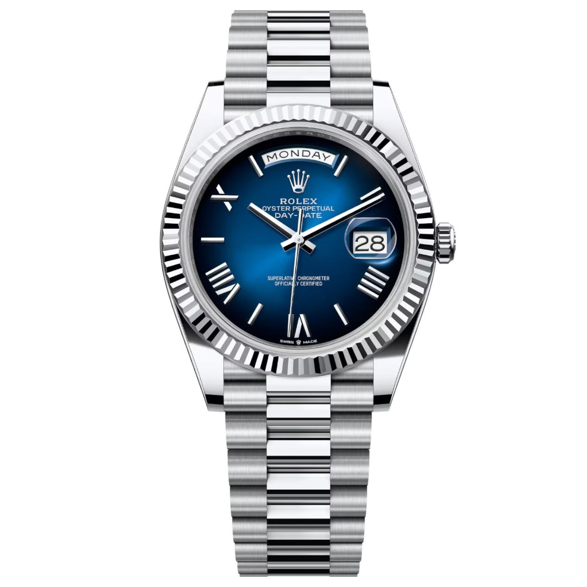 Rolex Day-Date 41mm Men's Mirror Automatic Watch – Blue Ombré Dial & Silver Stainless Steel Bracelet