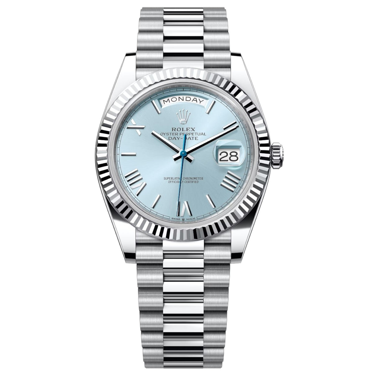 Rolex Day-Date 41mm Men's Mirror Automatic Watch – Ice Blue Dial & Silver Stainless Steel Bracelet