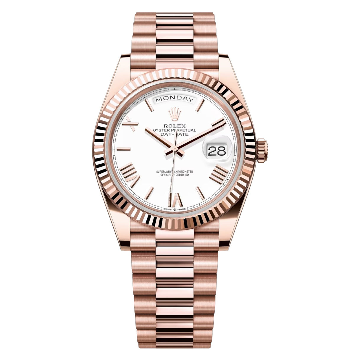 Rolex Day-Date 41mm Men's Mirror Automatic Watch – White Dial & Rose Gold-Tone Stainless Steel Bracelet