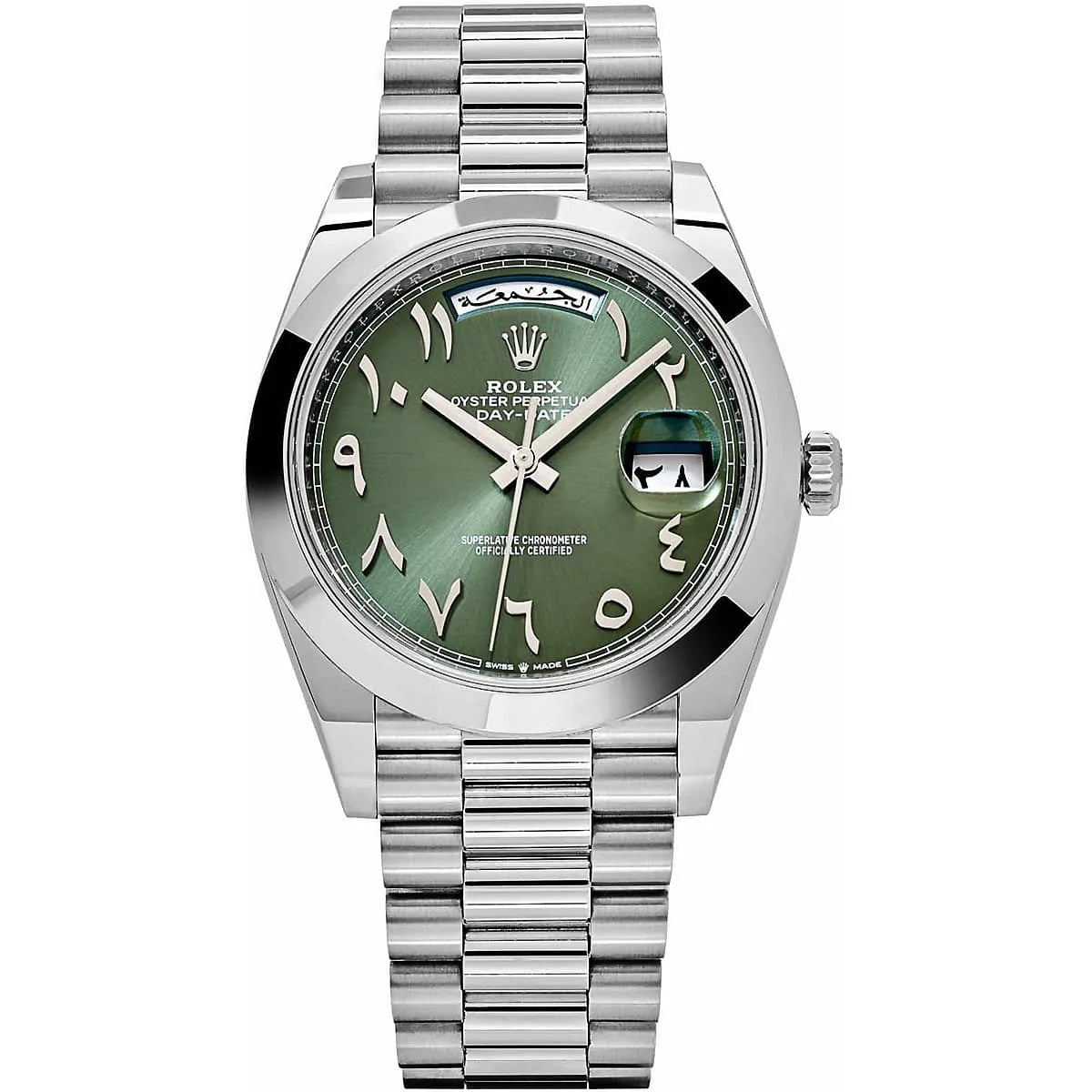 Rolex Day-Date Men's Mirror Automatic Watch – Green Arabic Numeral Dial & Silver Stainless Steel Bracelet