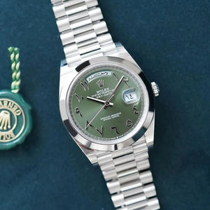 Rolex Day-Date men's mirror watch, green arabic numeral dial, silver stainless steel bracelet – view 10