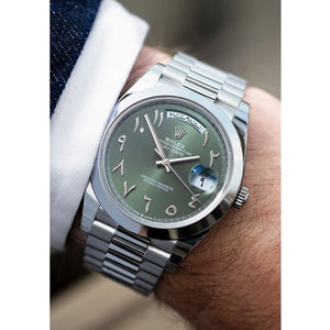 Rolex Day-Date men's mirror watch, green arabic numeral dial, silver stainless steel bracelet – view 4