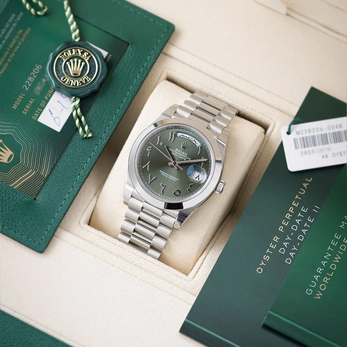 Rolex Day-Date men's mirror watch, green arabic numeral dial, silver stainless steel bracelet – view 5