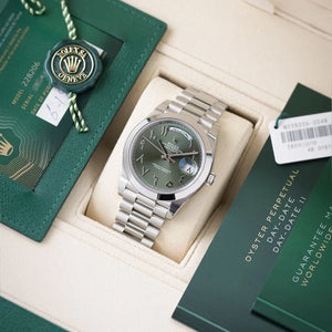 Rolex Day-Date men's mirror watch, green arabic numeral dial, silver stainless steel bracelet – view 5