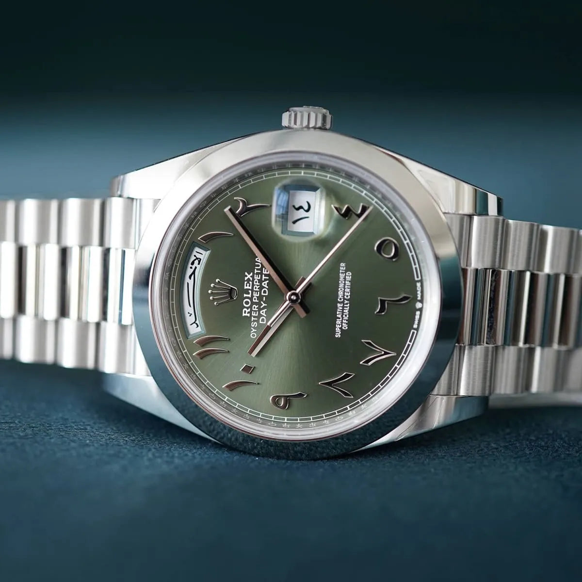 Rolex Day-Date men's mirror watch, green arabic numeral dial, silver stainless steel bracelet – view 7