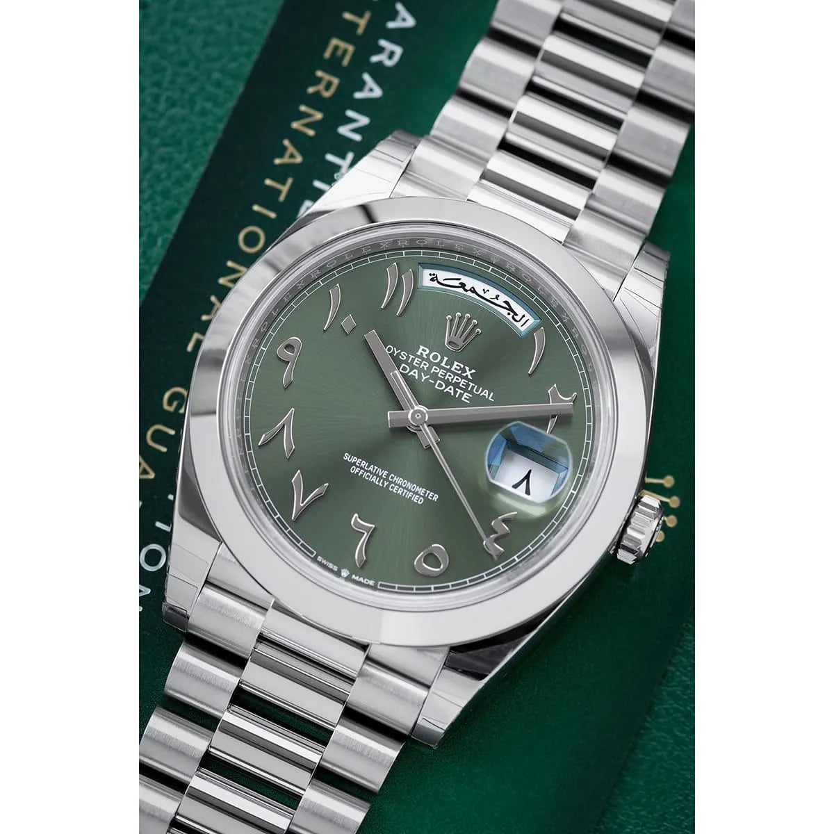 Rolex Day-Date men's mirror watch, green arabic numeral dial, silver stainless steel bracelet – view 8
