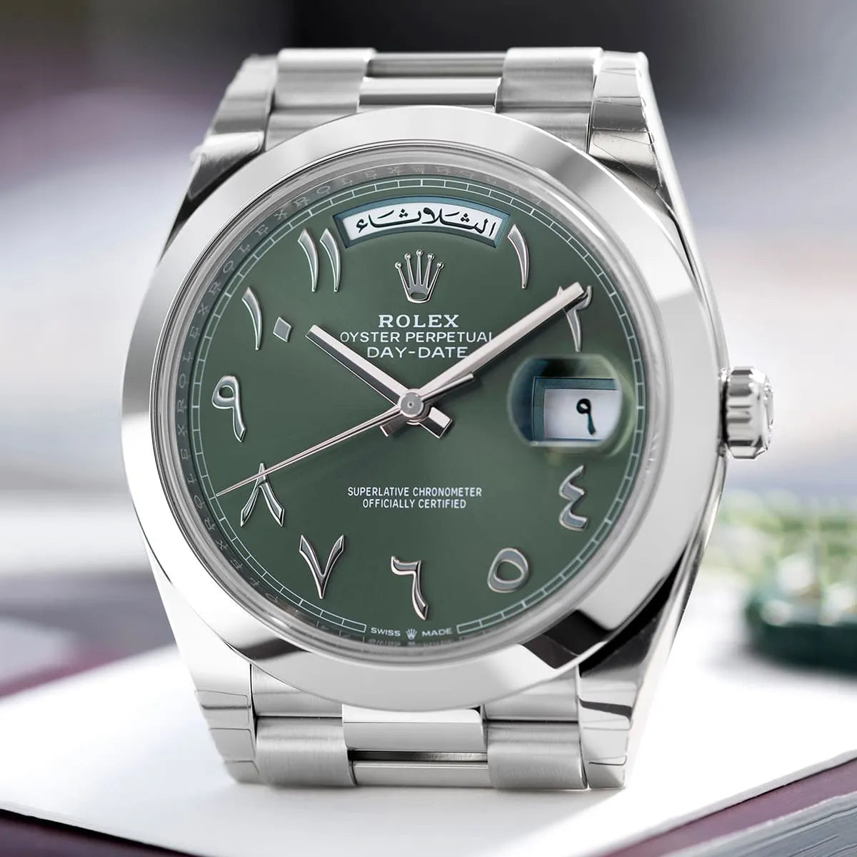 Rolex Day-Date men's mirror watch, green arabic numeral dial, silver stainless steel bracelet – view 9