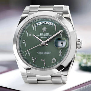 Rolex Day-Date men's mirror watch, green arabic numeral dial, silver stainless steel bracelet – view 9
