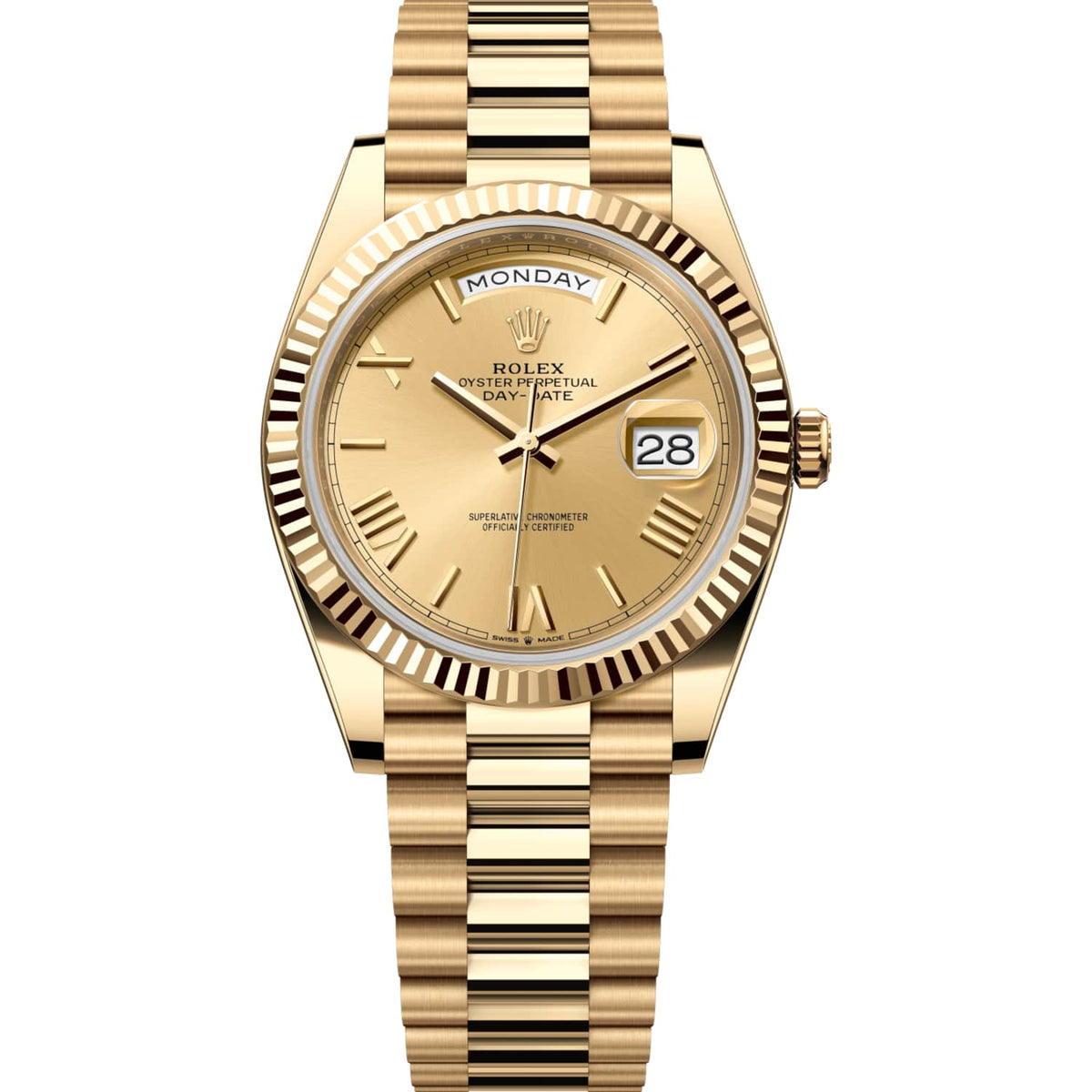 Rolex Day-Date 41mm Men's Mirror Automatic Watch – Champagne Roman Numeral Dial & Gold-Tone Stainless Steel Bracelet