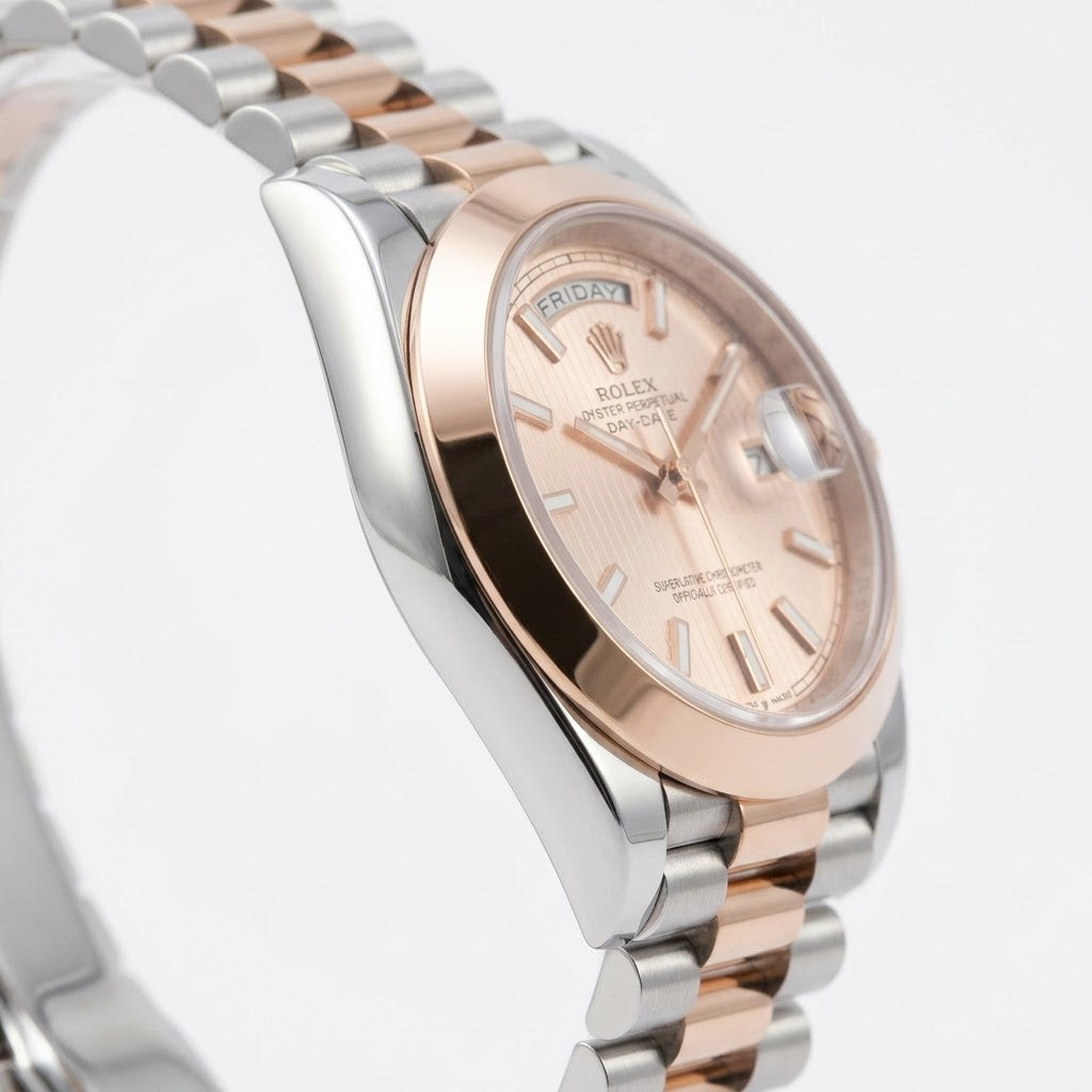 Rolex Day-Date 41mm men's mirror watch, rosé diagonal motif dial – view 3