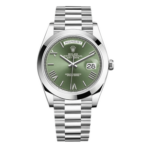 Rolex Day-Date 41mm Men's Mirror Automatic Watch – Olive Green Roman Numeral Dial, Smooth Bezel & Silver Stainless Steel Bracelet