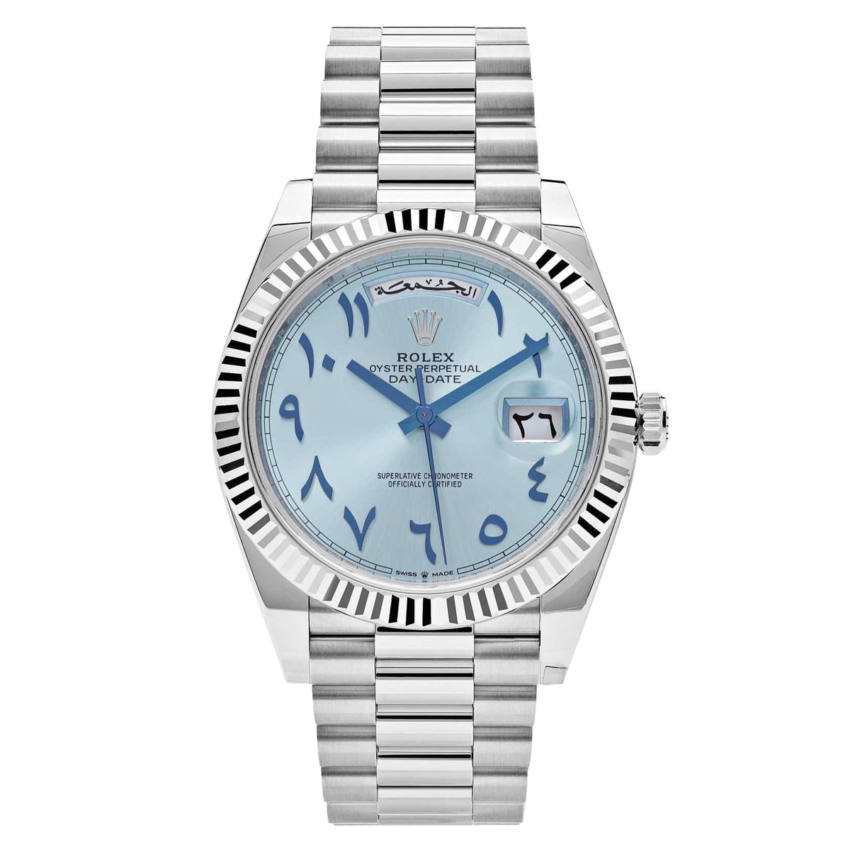 Rolex Day-Date 41mm Men's Mirror Automatic Watch – Ice Blue Eastern Arabic Numeral Dial & Silver Stainless Steel Bracelet