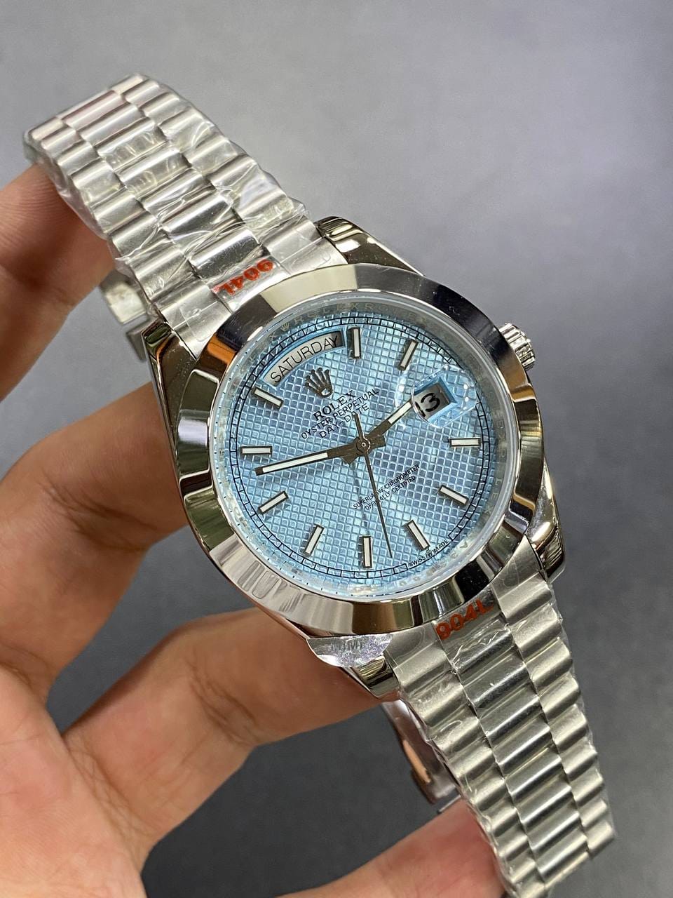 Rolex Day-Date 41mm men's mirror watch, ice blue motif dial – view 6