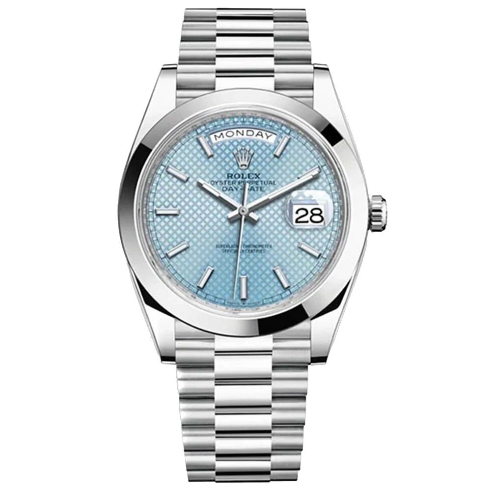 Rolex Day-Date 41mm Men's Mirror Automatic Watch – Ice Blue Motif Dial, Smooth Bezel & Silver Stainless Steel Bracelet