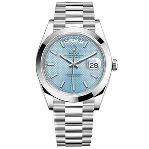 Rolex Day-Date 41mm Men's Mirror Automatic Watch – Ice Blue Motif Dial, Smooth Bezel & Silver Stainless Steel Bracelet
